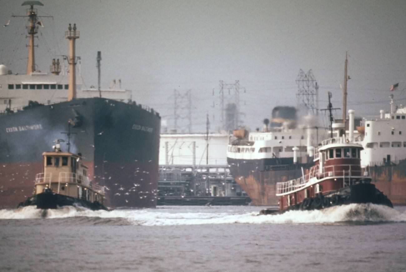 Exxon Baltimore tanker in the Houston Ship Channel, highlighting Houston's status as a major seaport, 1973.