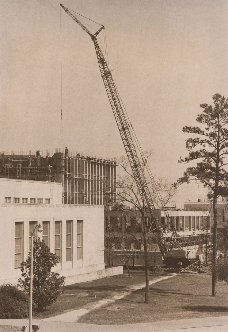 Blue wing construction of M.D. Anderson Library, 1968.