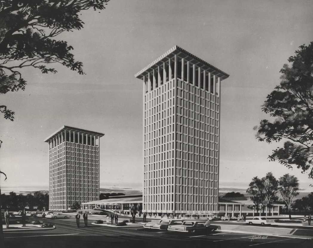 Moody Towers architectural drawing, Houston, 1969.