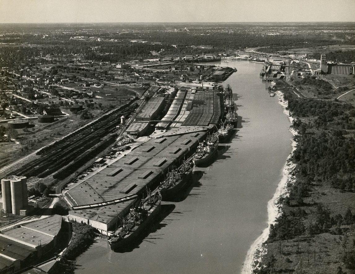 Houston Ship Channel aerial view of ships, 1946