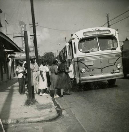 Mrs. Lucielle Anderson boarding bus, Houston, 1948