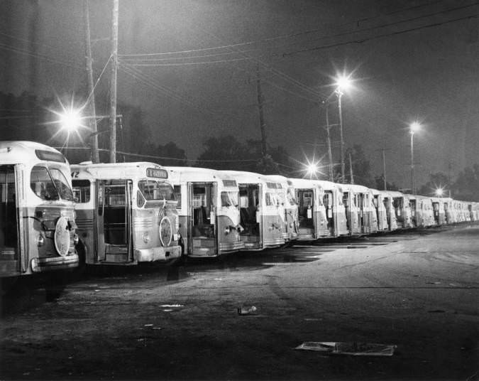 Houston Transit system buses at night, November 2, 1959.