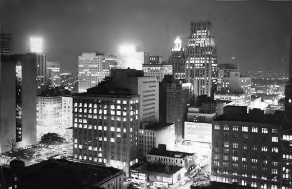 Downtown Houston night scene, 1960s