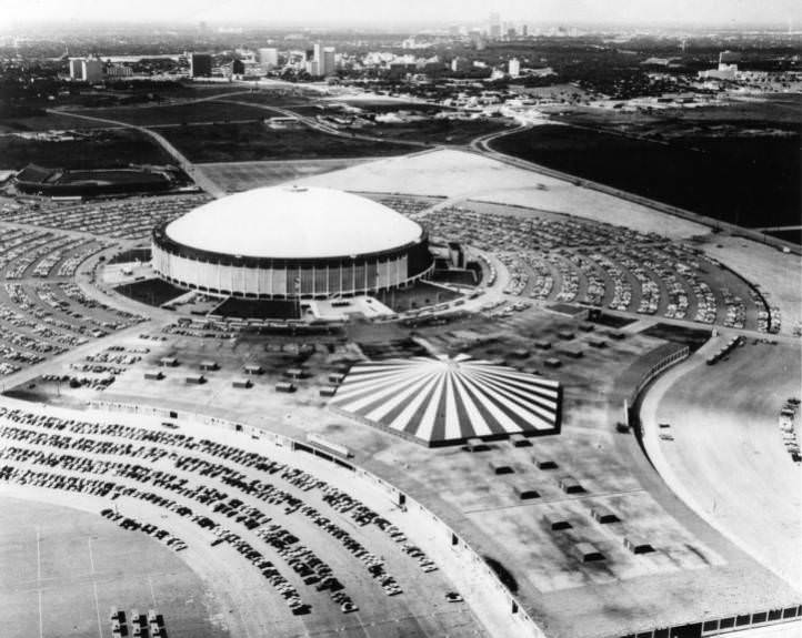 Houston Astrodome and Astrohall aerial view, circa 1960s.