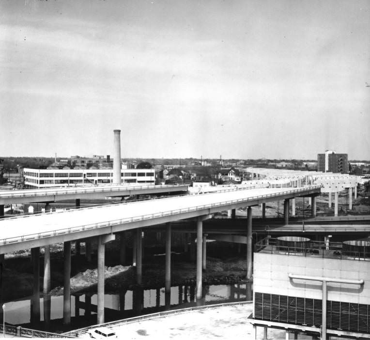 Elevated freeway construction, Houston, circa 1960s.