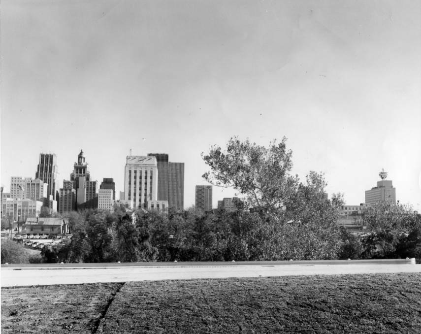 View of City Hall from Interstate 45, Houston, 1954.