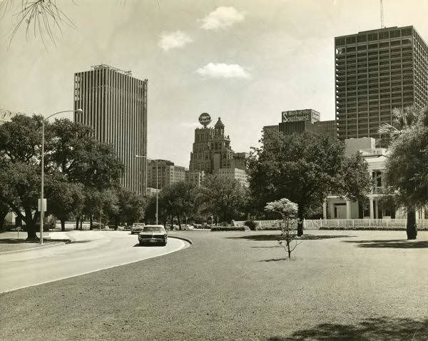Memorial Drive with Houston skyline, 1960s