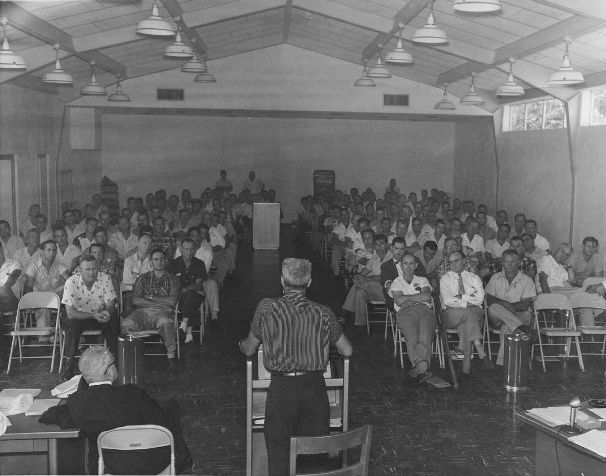 Union meeting in Union Hall, Freeman and Hogan Streets, 1955.