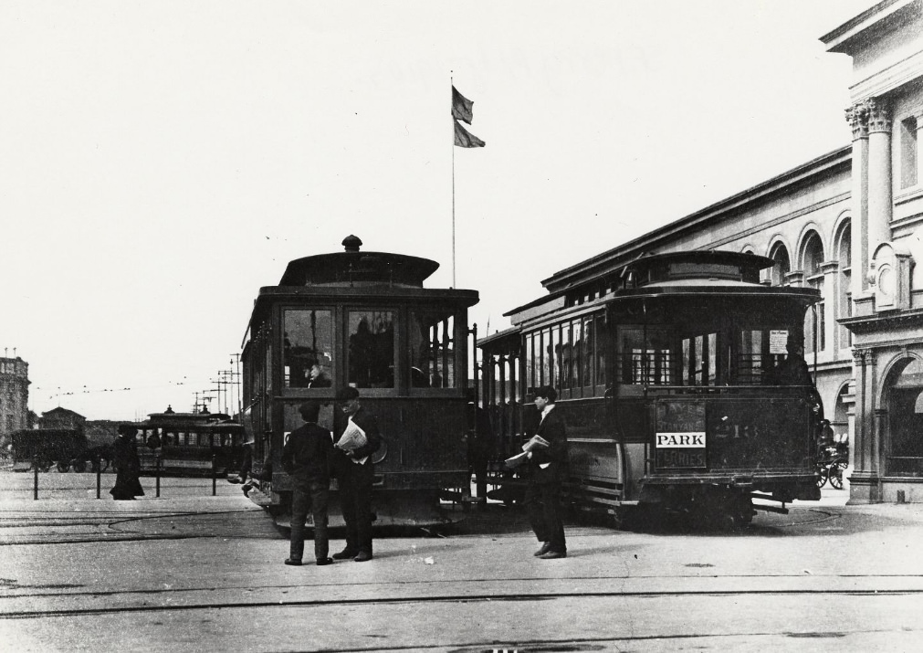 Streetcars in front of the Ferry Building in the 1910s.