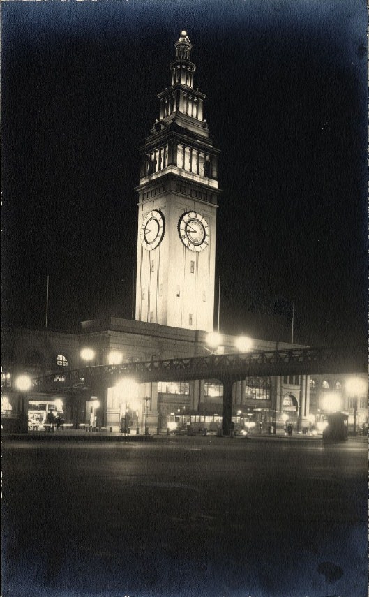 Ferry Building at night, starting from 1917.