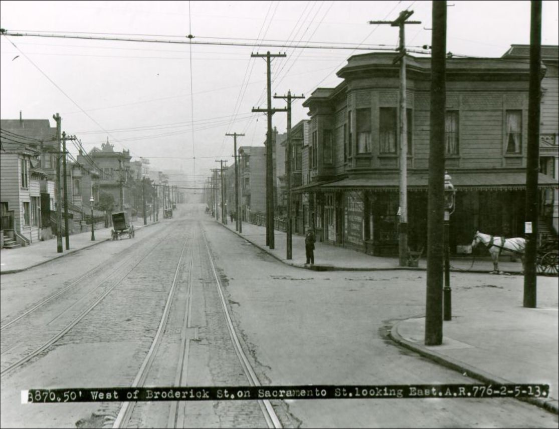 West of Broderick Street on Sacramento Street looking East, February 1913.