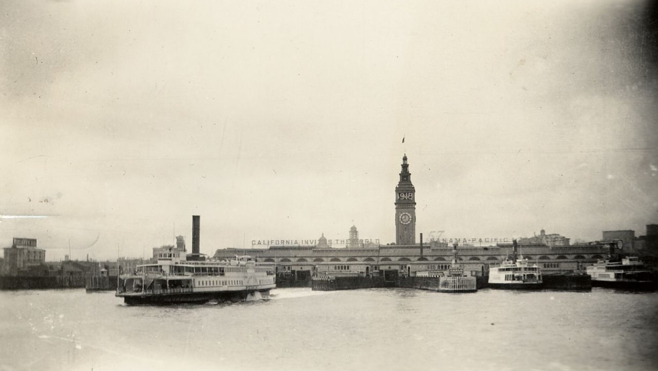 View of Ferry Building from the bay, June 1914.