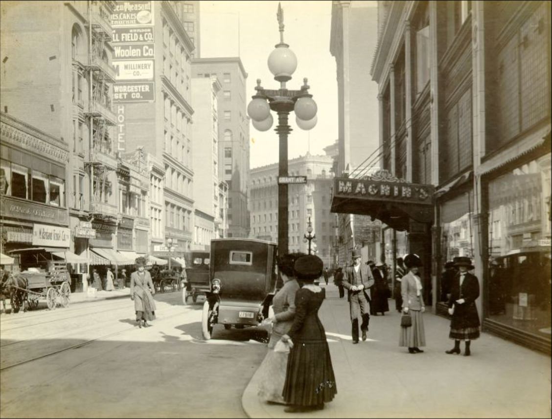 I. Magnin's department store on Geary Street from Grant Avenue, in the 1910s.