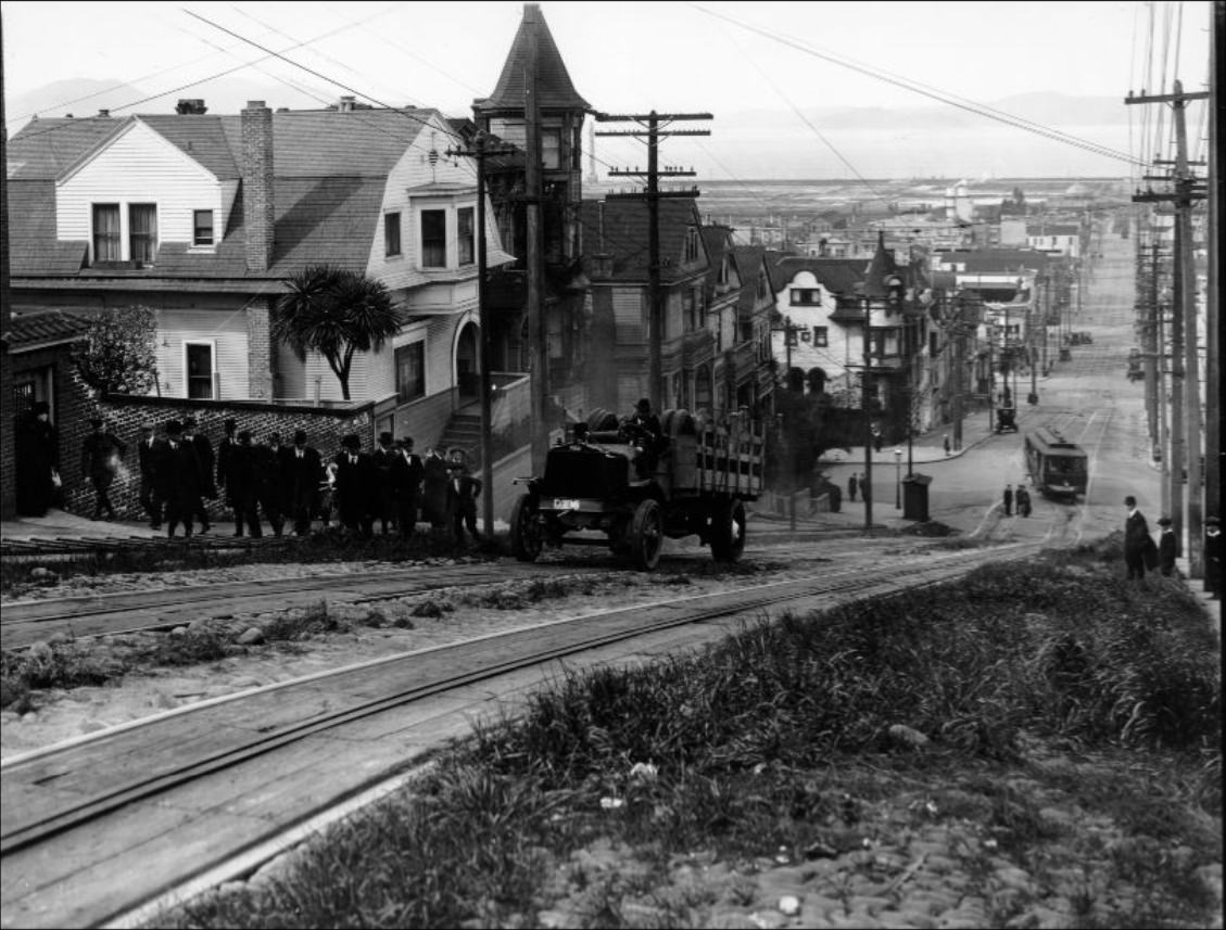 Truck going up Fillmore Street hill in the 1910s.