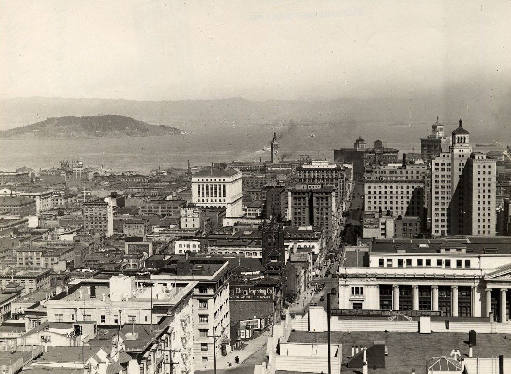 View of downtown San Francisco from Stockton and California Streets, mid-1920s