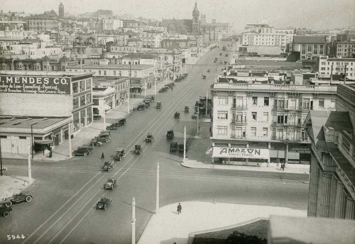 Aerial view of Van Ness Avenue at McAllister Street in the 1920s