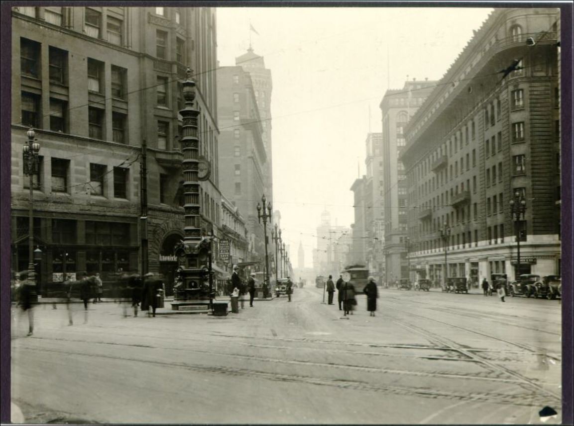 Lotta's Fountain at the corner of Market east of Kearny Street in 1921.