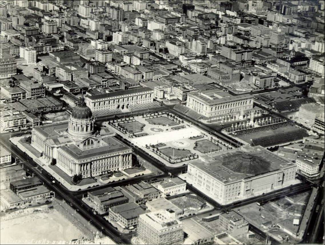 Aerial view of the Civic Center during Diamond Jubilee, 1925