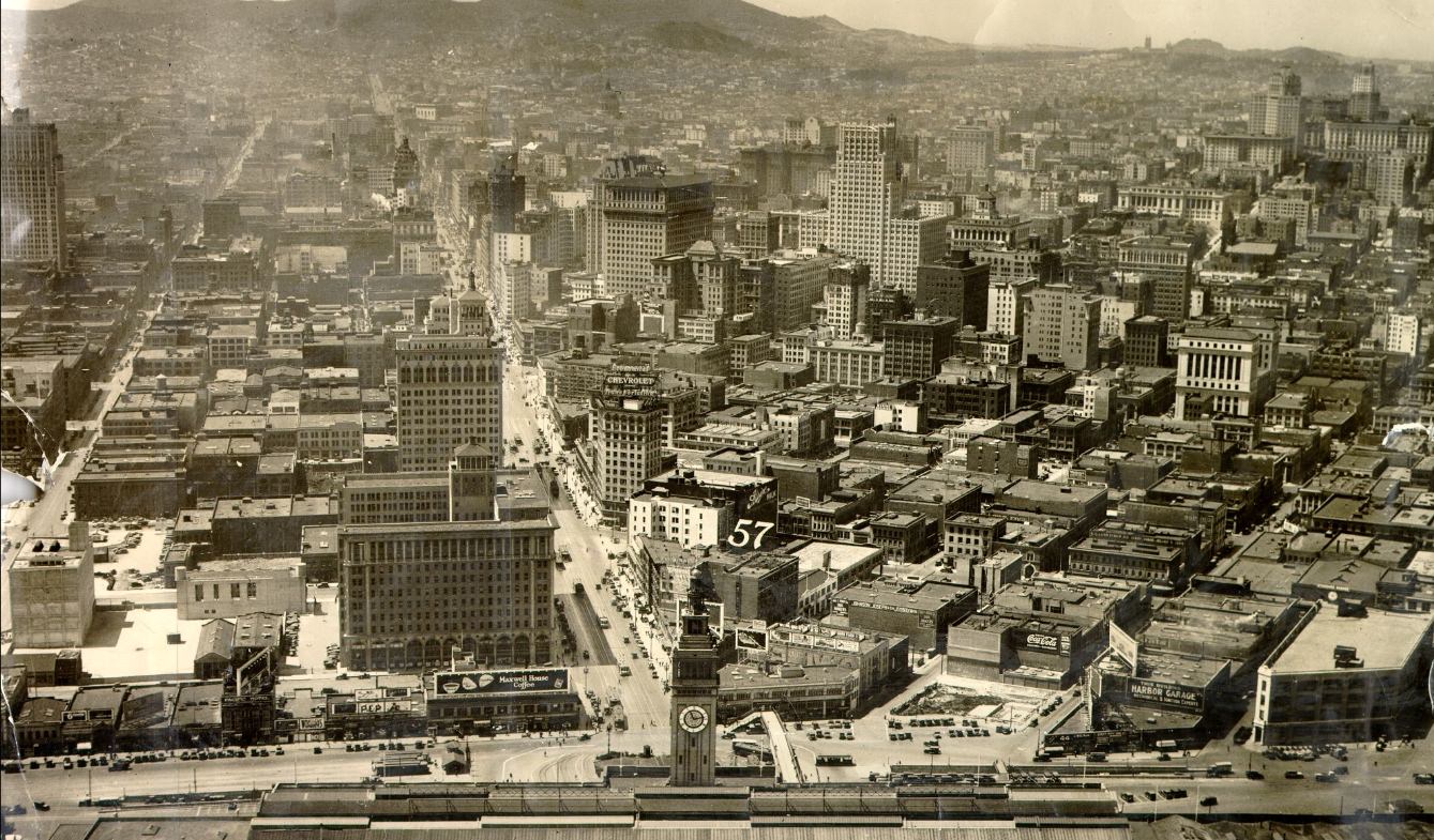 Aerial view of San Francisco up Market Street from near Ferry Building, 1927