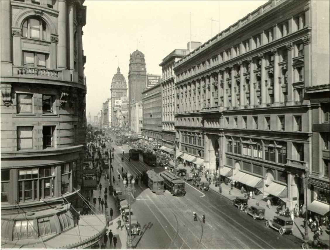 Market at Powell Street looking east in the 1920s.