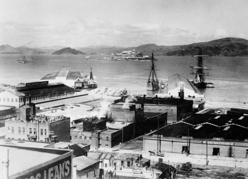 Waterfront view of Alcatraz and Angel Island in the 1920s