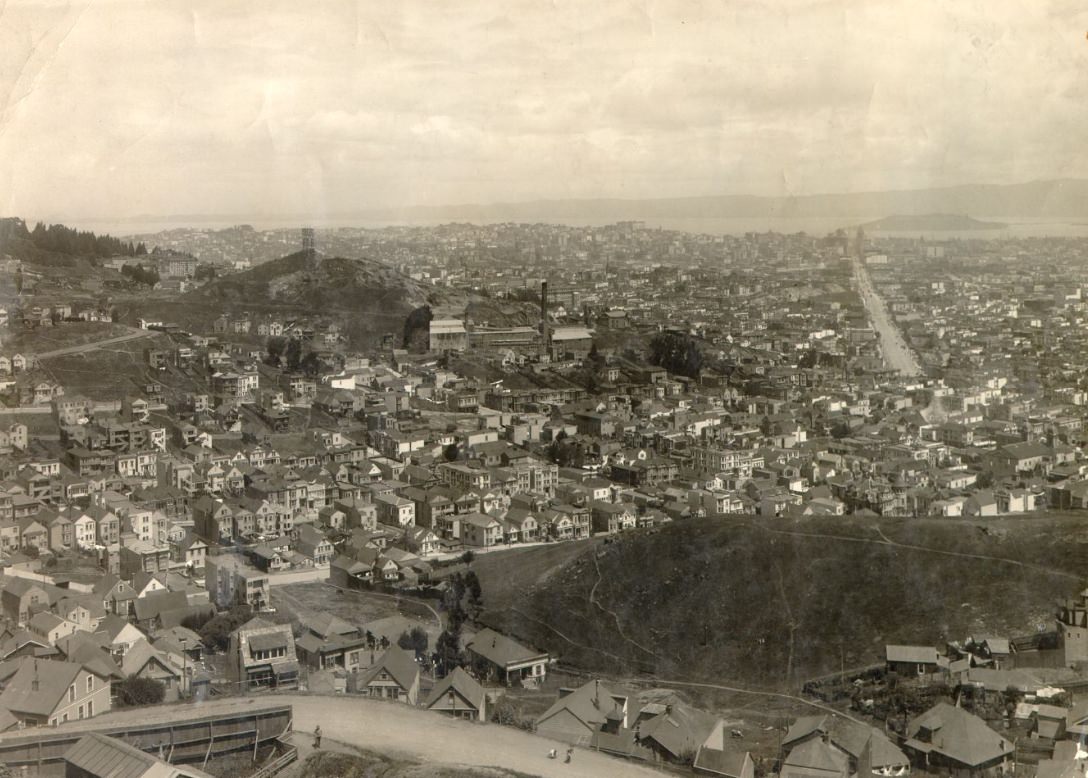 View of San Francisco down Market Street from Twin Peaks in the 1920s