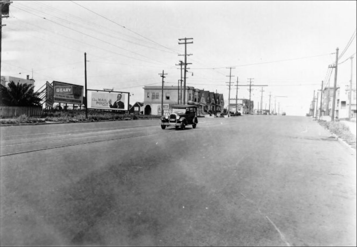 Advertising billboards along Geary Street at 33rd Avenue in 1927.