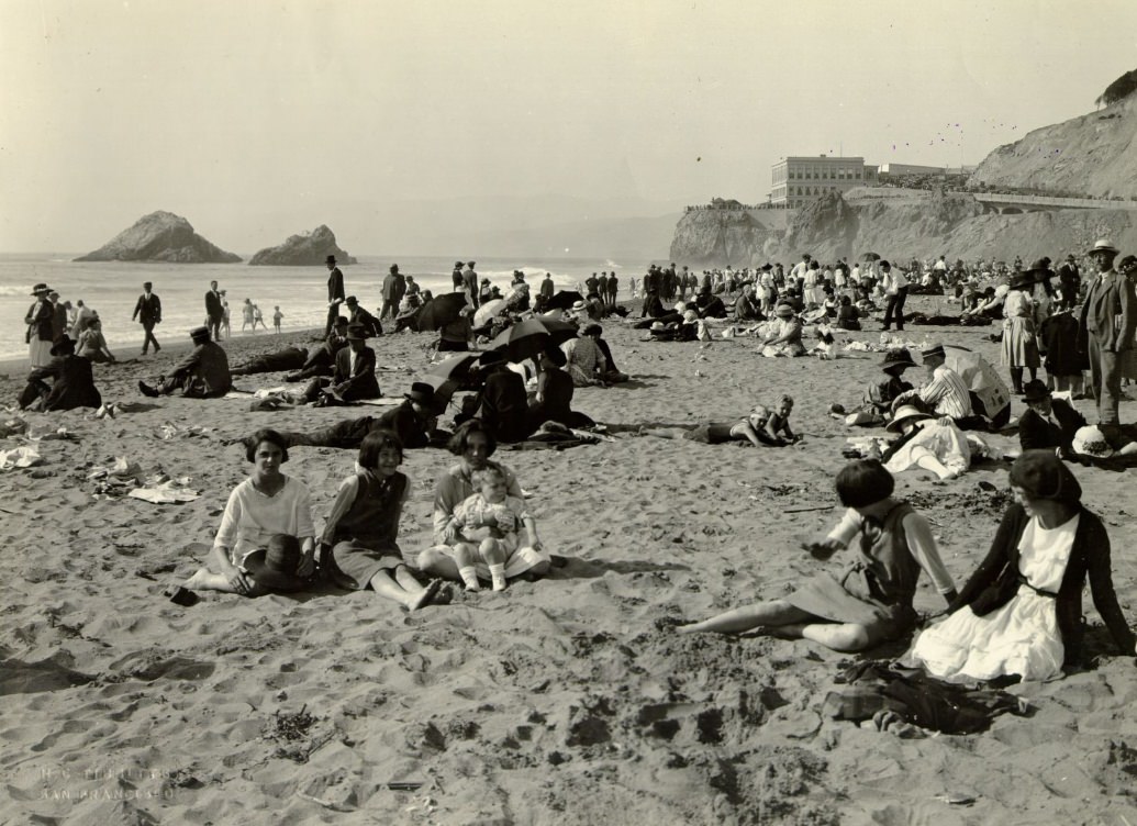 Crowds gathering on Ocean Beach in the 1920s.