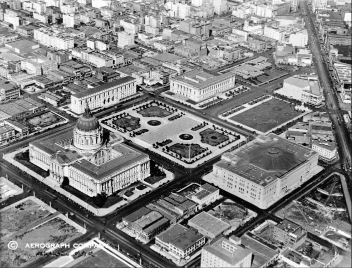 Aerial view of Civic Center in the 1920s.