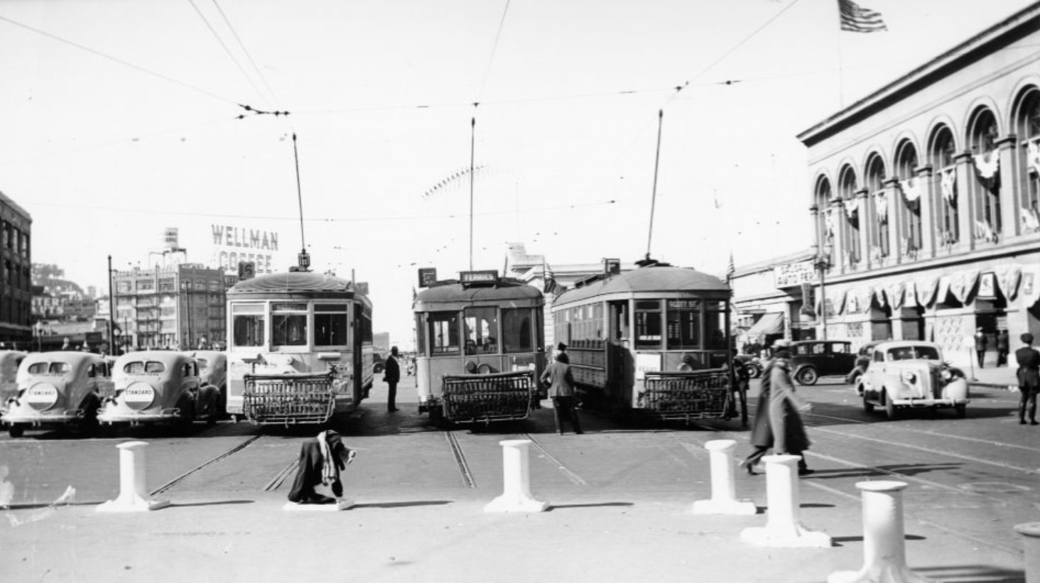 Streetcars parked at Embarcadero, 1939