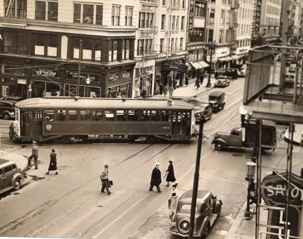Street car turning onto Kearny Street from Bush Street, 1938