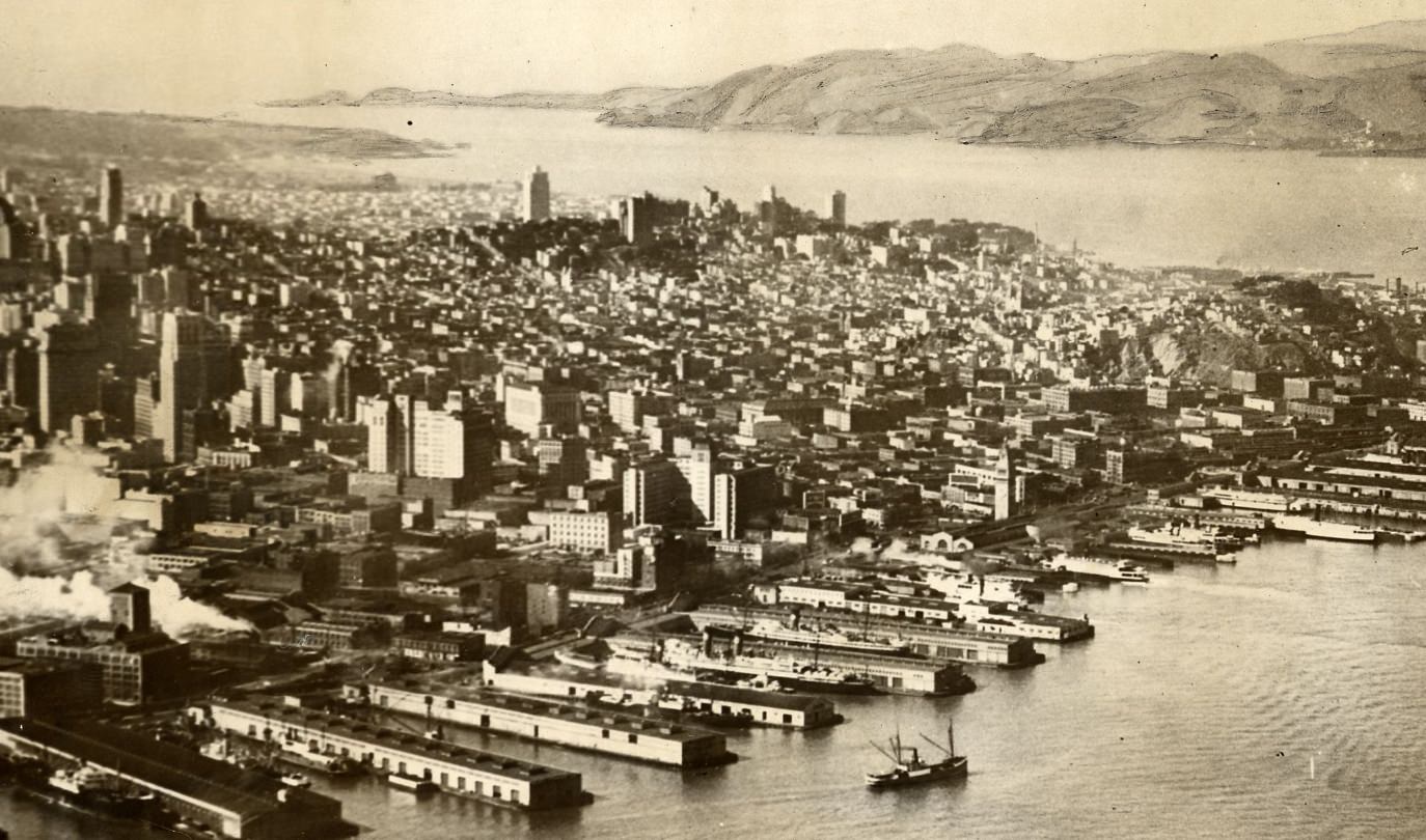 Aerial view of the waterfront looking northwest, 1930