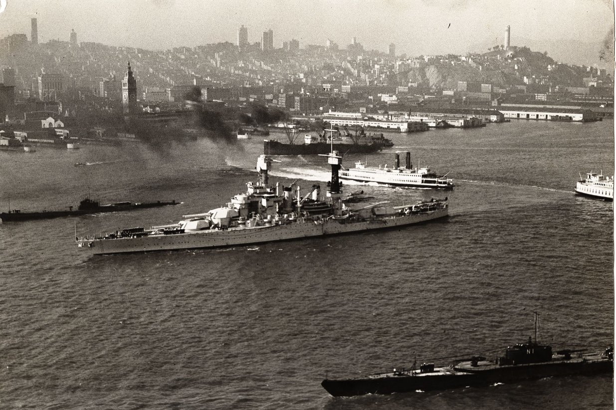 The USS Colorado in the Bay with the city in the background, 1934