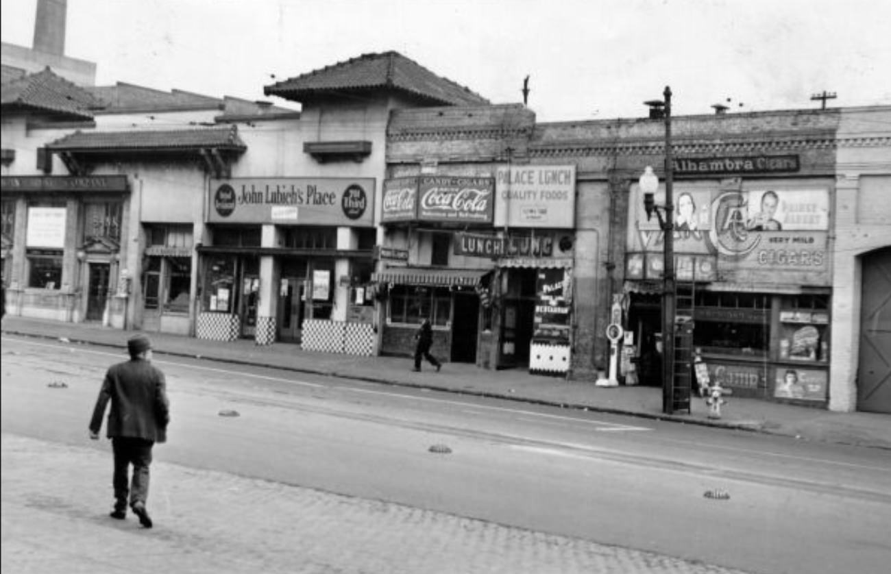 Store fronts across from the Southern Pacific Station on Third at Townsend Streets, 1937