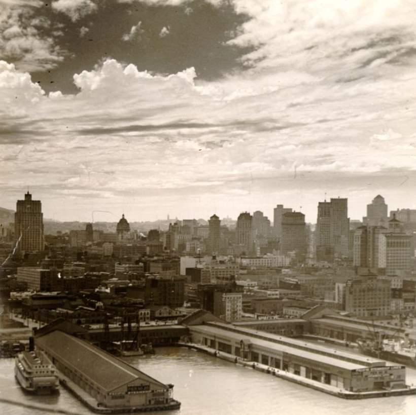 View of the waterfront and downtown from the bay, 1936