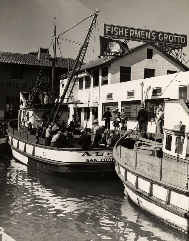 Fishing boat outside of Fishermen's Grotto at Fisherman's Wharf, 1939