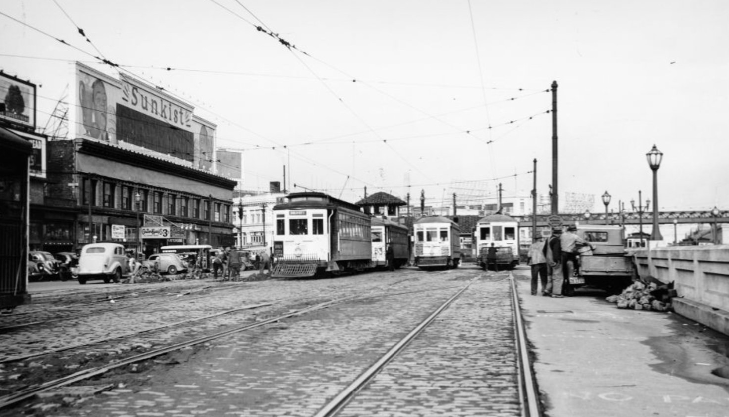 Streetcars parked at Embarcadero, 1938