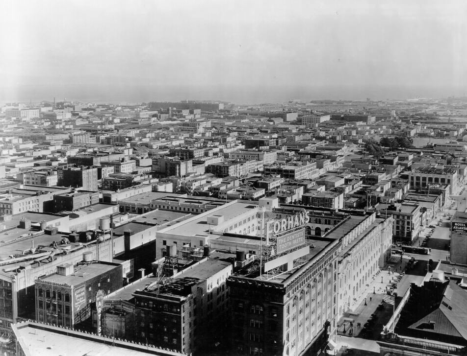 View from Leavenworth and McAllister streets looking southeast, 1935