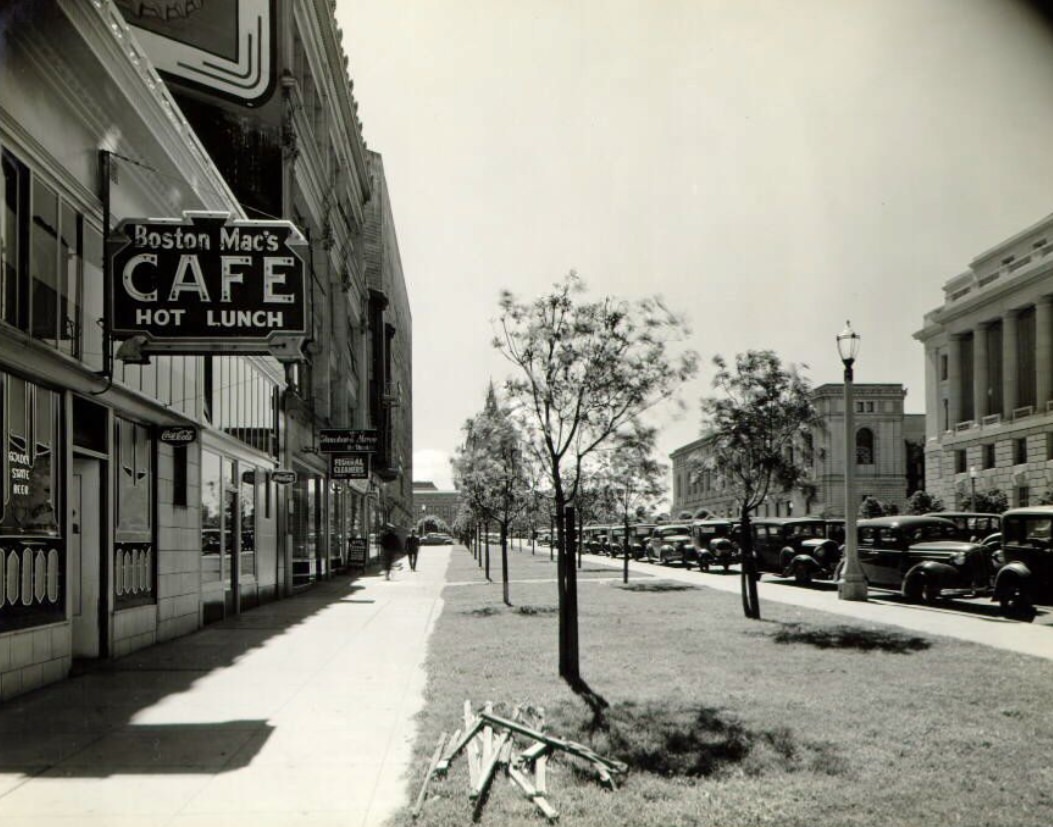 Storefronts on Fulton and Hyde Street in the Civic Center, 1938