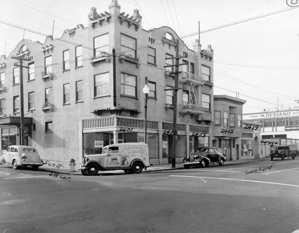 Southwest corner of Lombard and Scott streets, 1939