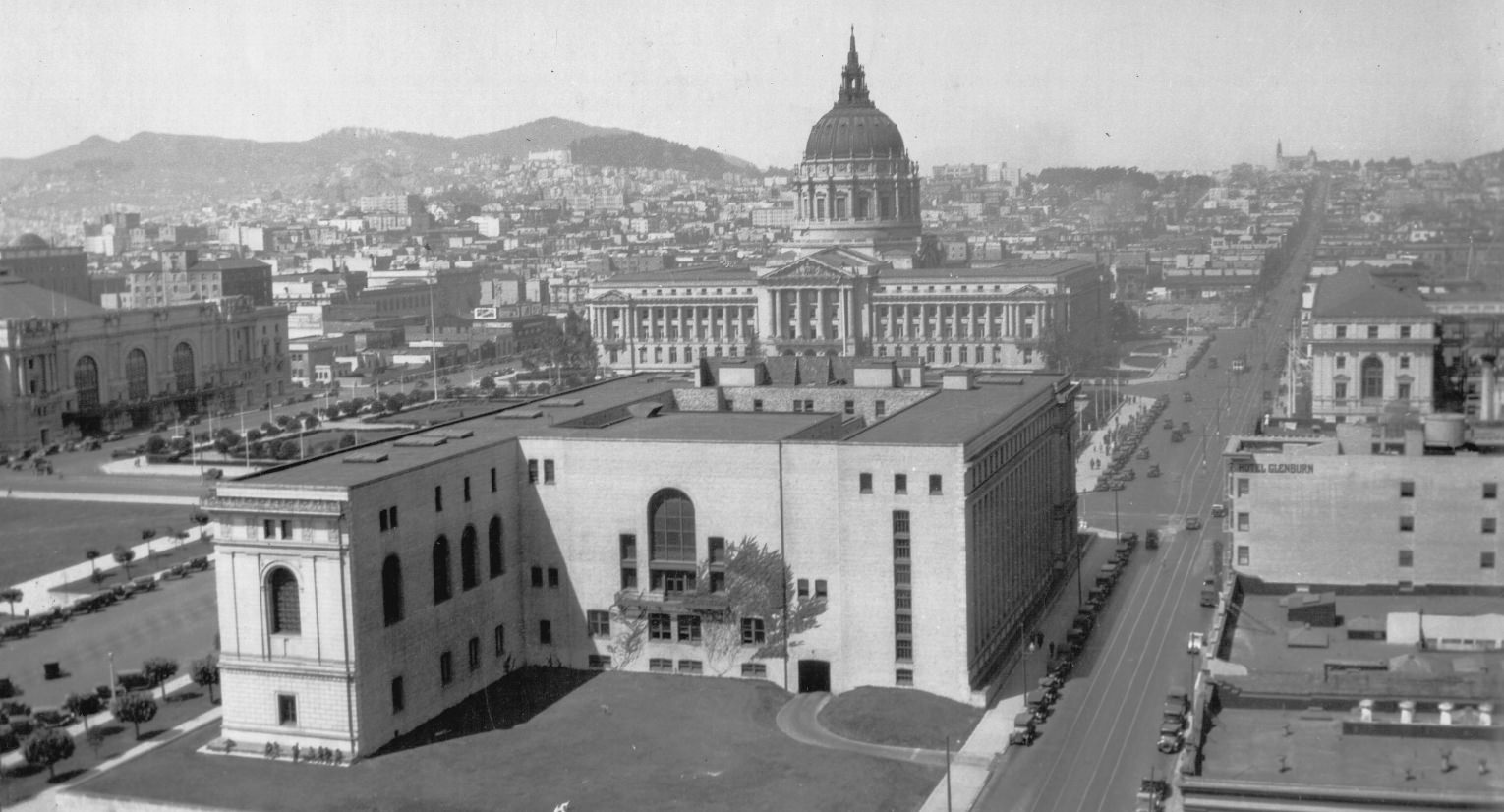 Aerial view of back of Main Library looking toward City Hall, 1931