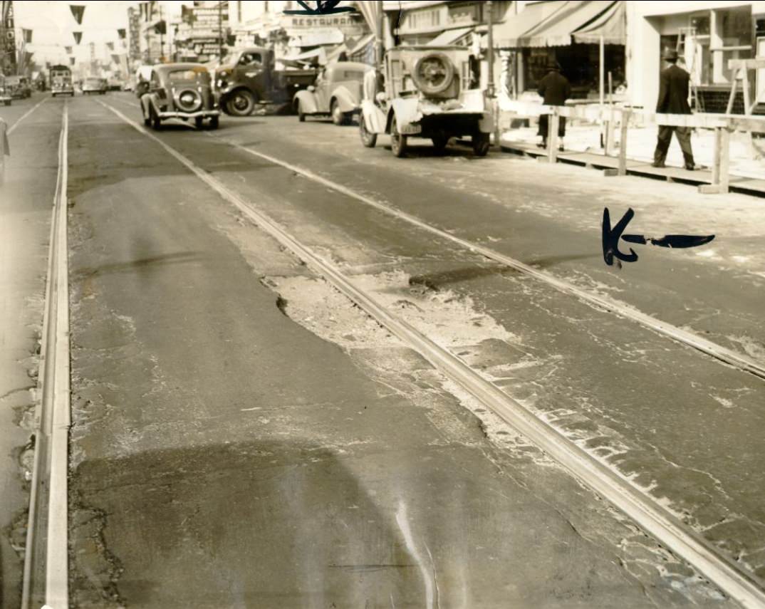 Potholes on Mission Street between 22nd and 23rd streets, 1940