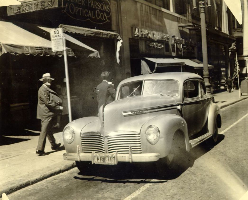 Closeup of car parked on Kearny Street, 1942