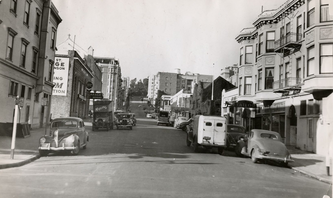 Cars double parked on Clay Street between Polk and Van Ness, 1945