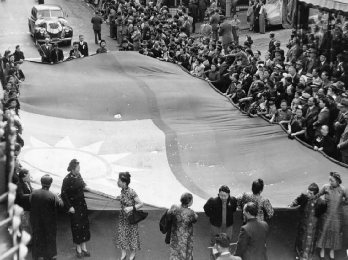 Giant flag of the Chinese Republic on Grant Avenue for China's Double Ten Day, 1943