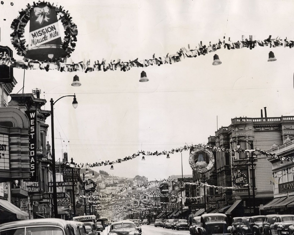 Christmas decorations on Mission Street, 1949