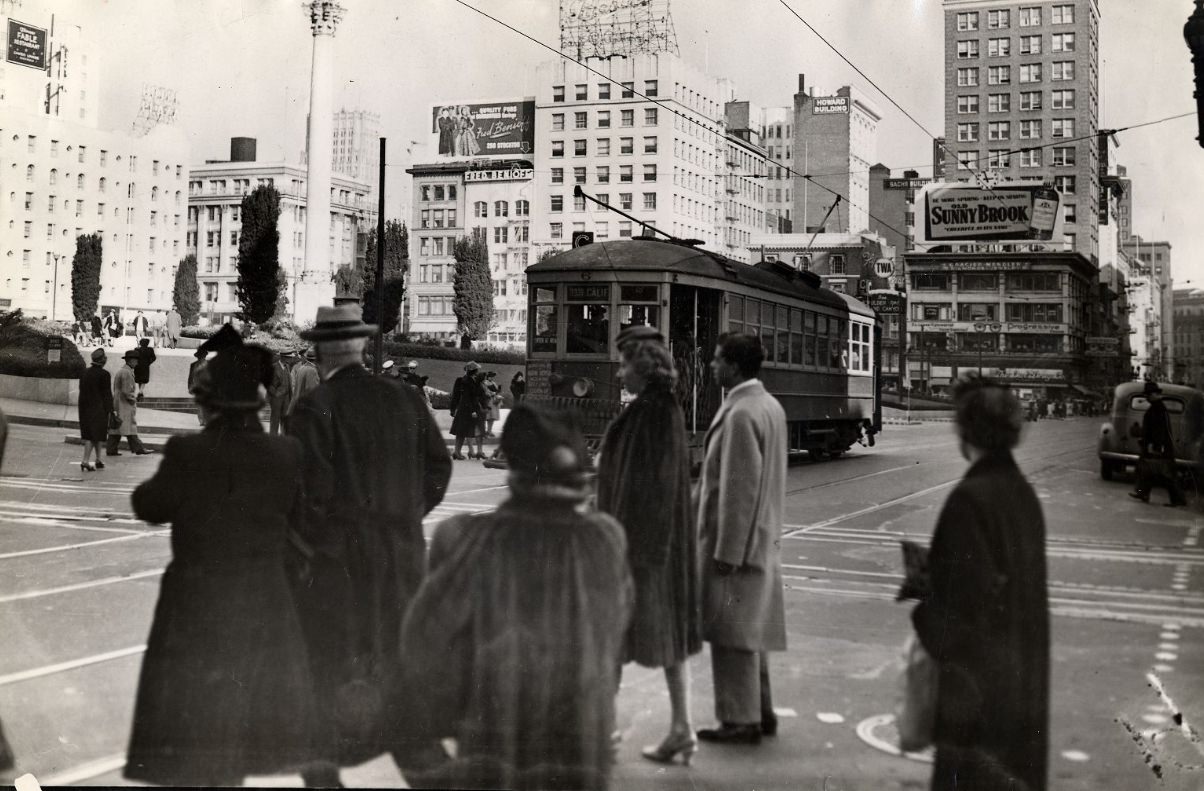 Streetcar passing by Union Square Park, 1945