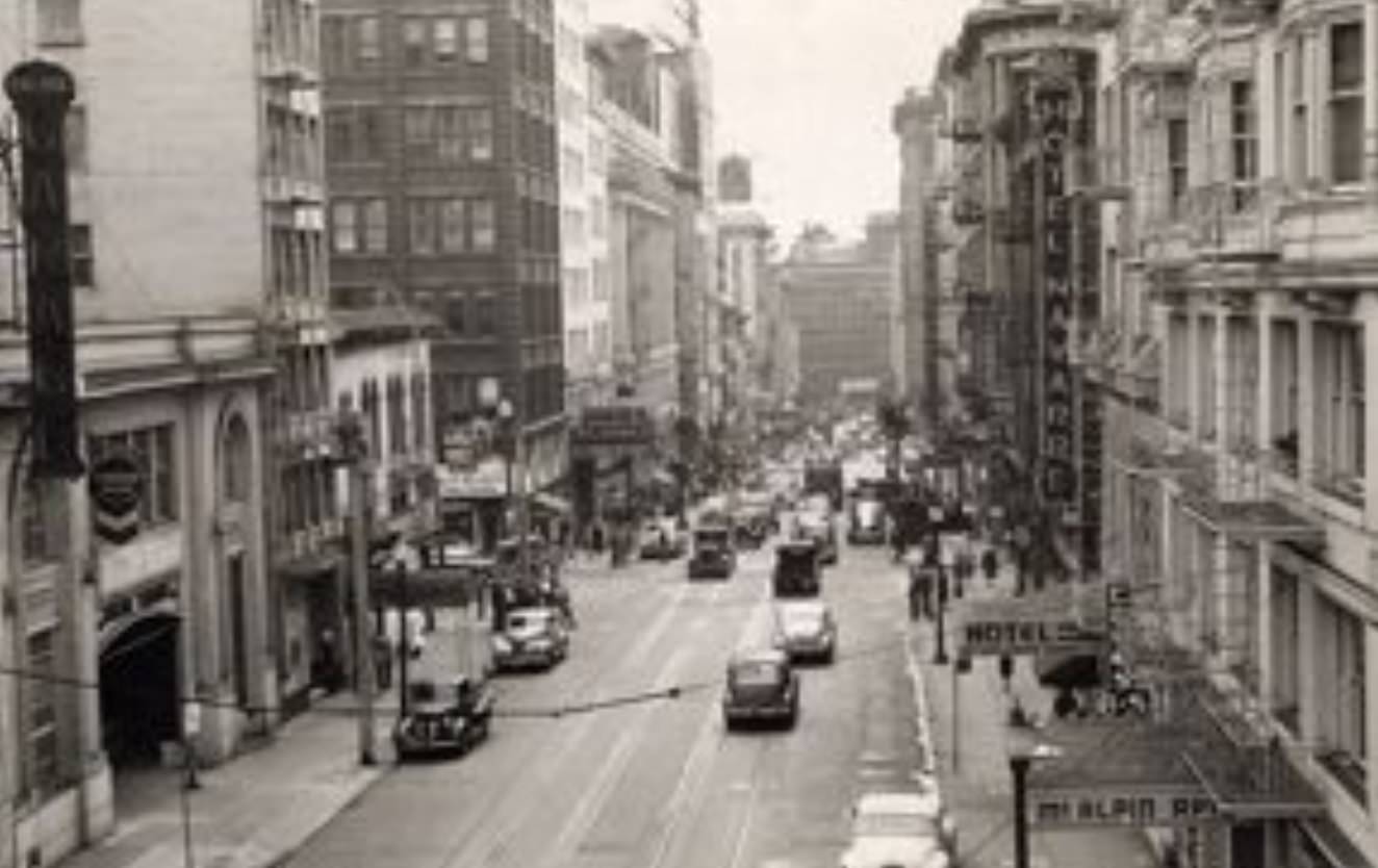 Stockton Street looking towards Market Street from the tunnel, 1945