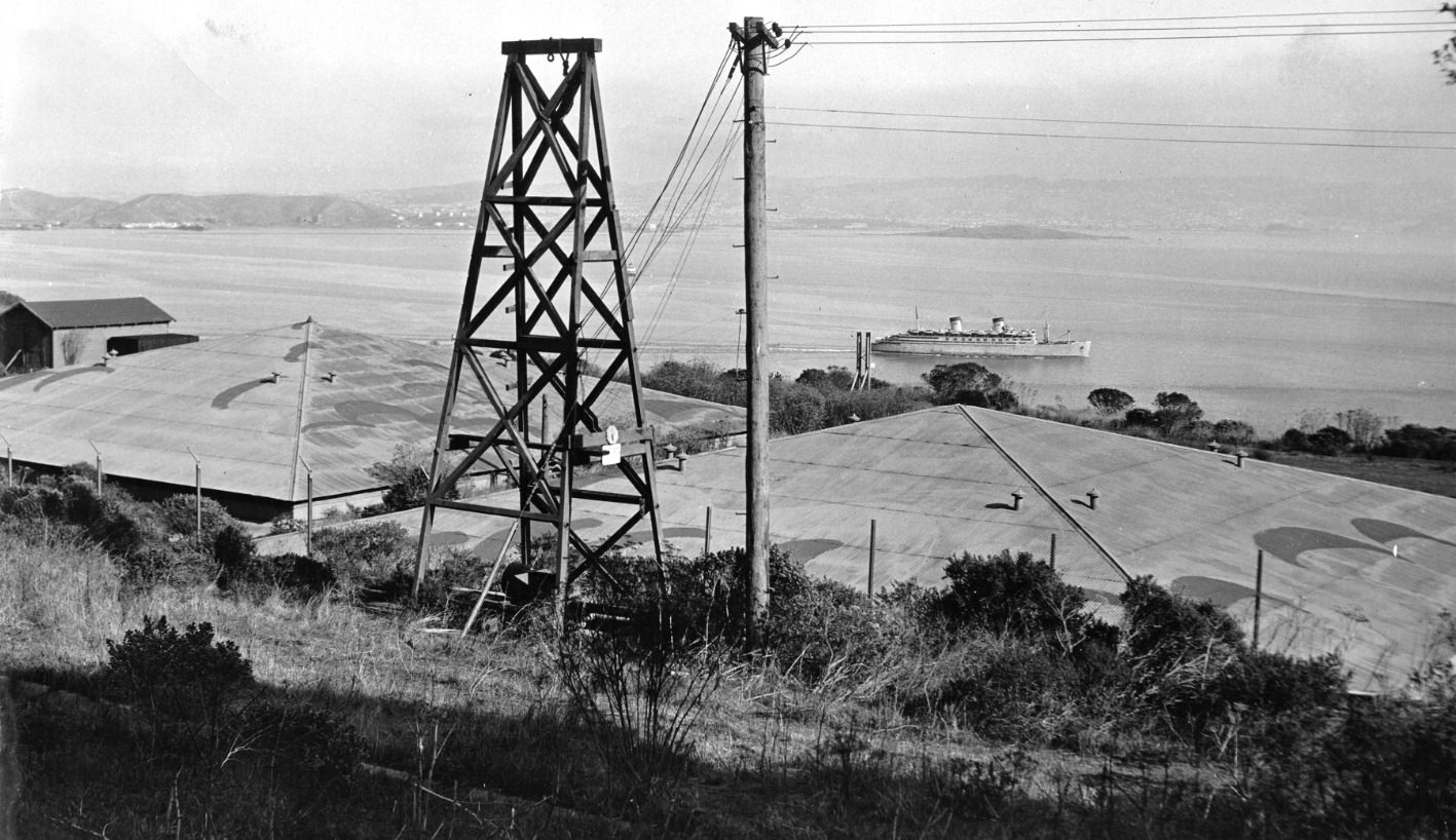 View of two water reservoirs and Fort McDowell Army base on Angel Island, 1948