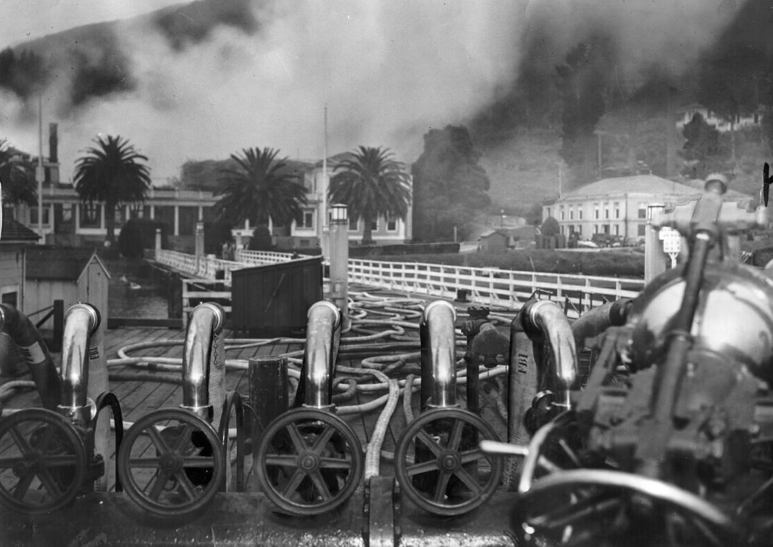 Angel Island Administration building fire viewed from fire boat Dennis T. Sullivan, 1940